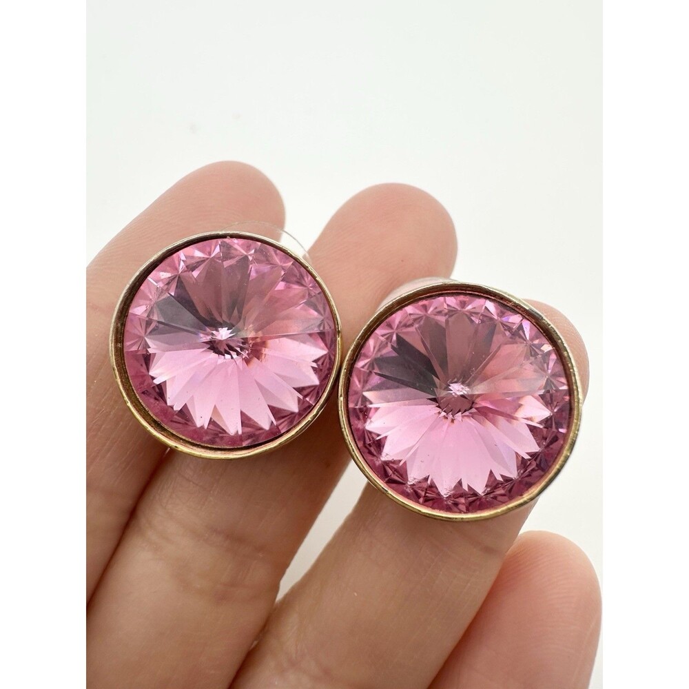 Vintage Round Astrian Crystal Post Earrings Pink Gold Tone 0.75”